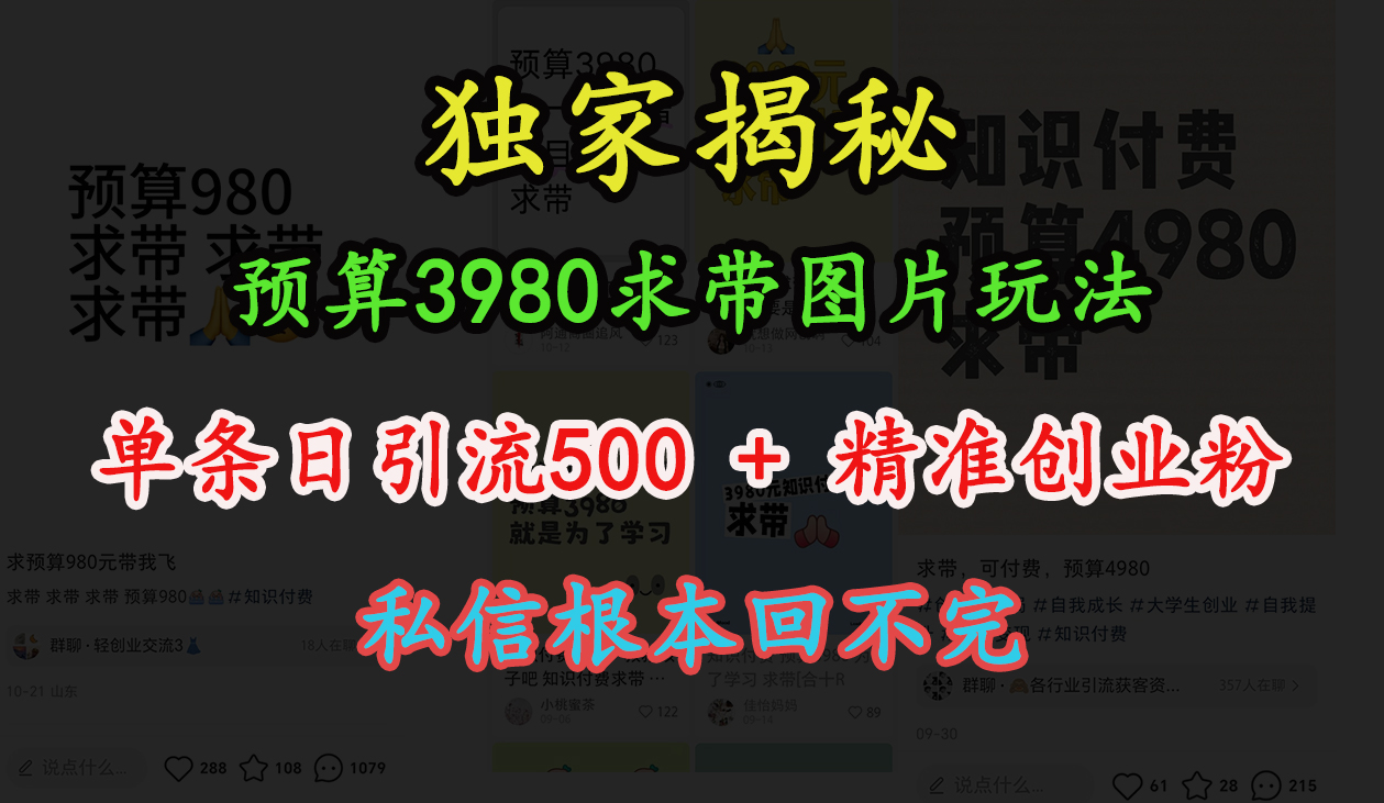 “小红书”预算3980求带 图片玩法，单条日引流500+精准创业粉，私信根本回不完-沃创网