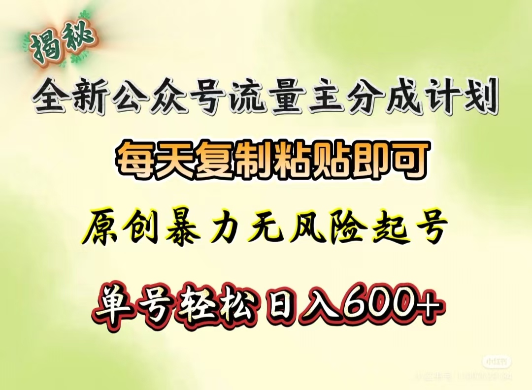 全新公众号流量主分成计划，每天复制粘贴即可，原创暴力起号无风险，单号轻松日入600+（揭秘）-沃创网