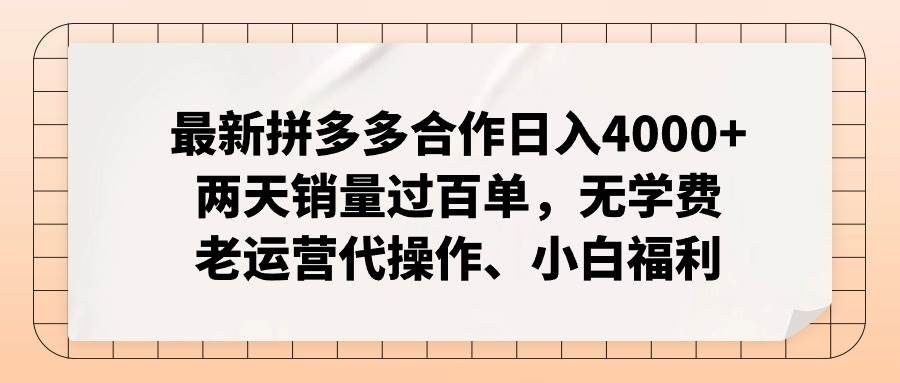 最新拼多多合作日入4000+两天销量过百单，无学费、老运营代操作、小白福利-沃创网